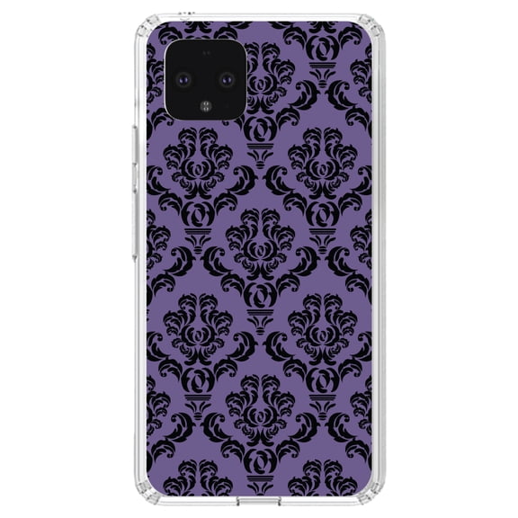 DistinctInk Clear Shockproof Hybrid Case for Google Pixel 4 (5.7" Screen) - TPU Bumper, Acrylic Back, Tempered Glass Screen Protector - Purple Black Damask Floral - Floral Damask Pattern