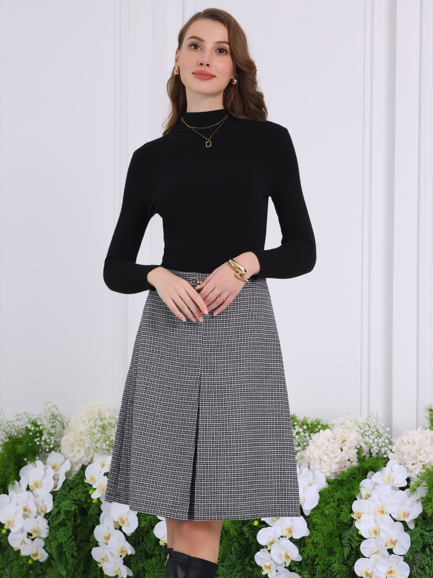 DARING DIVA Women's Knee Length Skirt High Waist Tartan Plaid Skirt M Black White