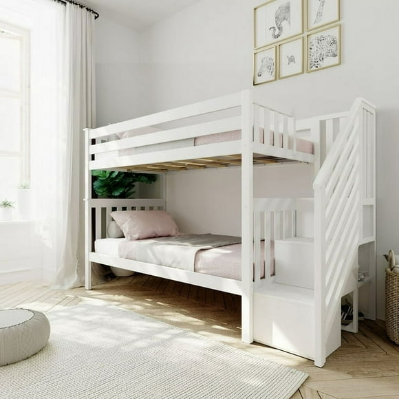 Max & Lily Twin over Twin Bunk Bed for Kids, Wood Bunk Beds with Stairs and Storage, White