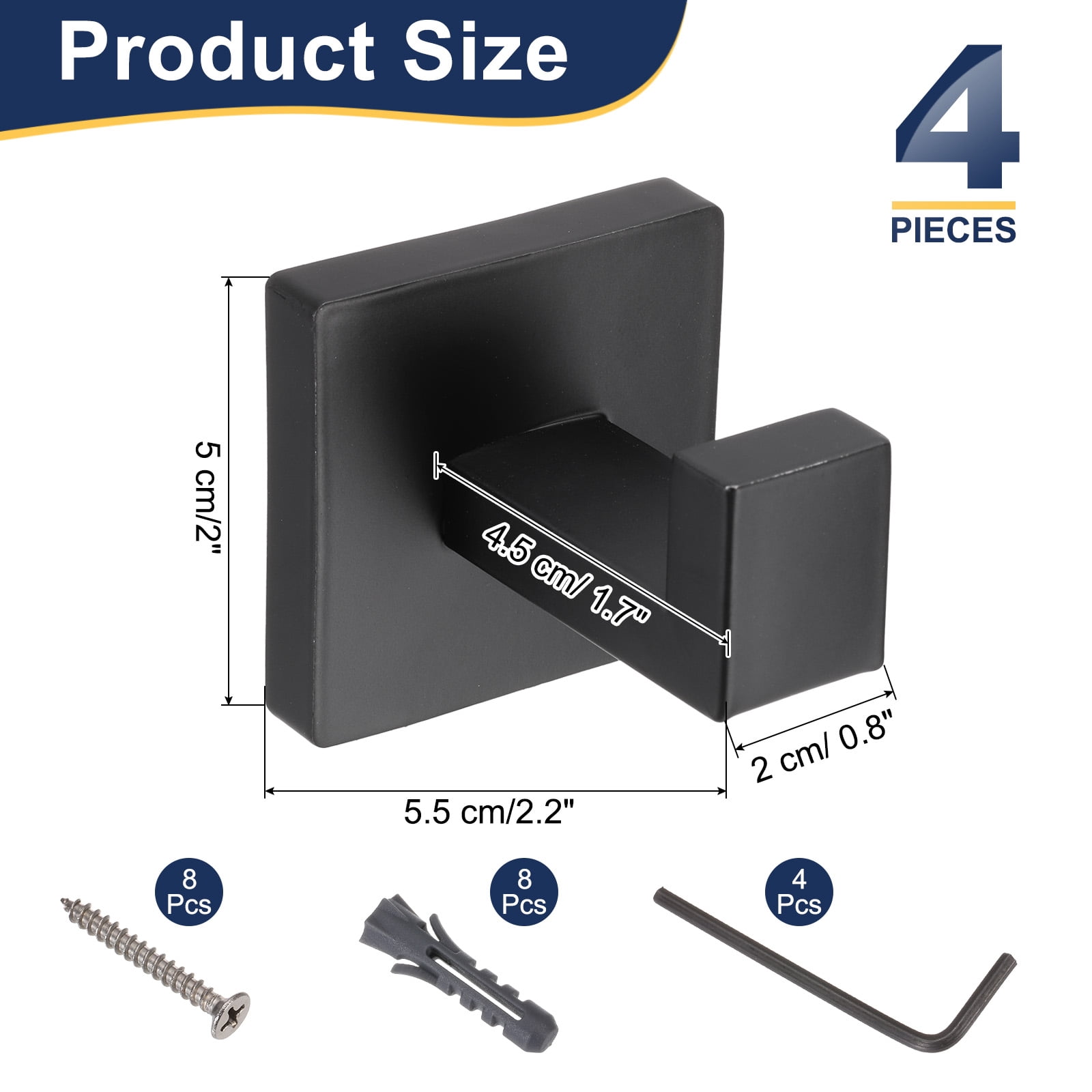 Unique Bargains Stainless Steel Square Coat Hook Robe Hooks for Hanging Towels Black