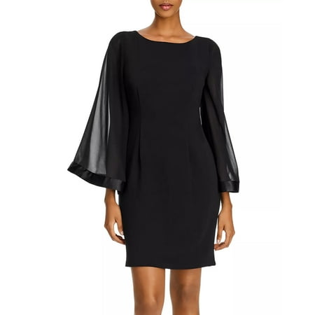 Adrianna Papell Crew Neck Long Sleeve Zipper Back Solid Ottoman Chiffon Dress-BLACK / 4