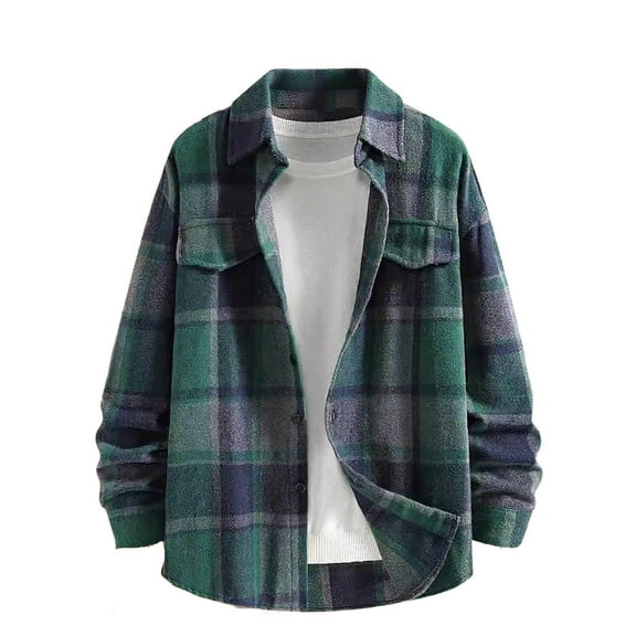 MELDVDIB Mens Flannel Plaid Shirts Thickened Fleece Long Sleeve Jacket Fashion Casual Warm Coat Tops with Pockets Army Green M