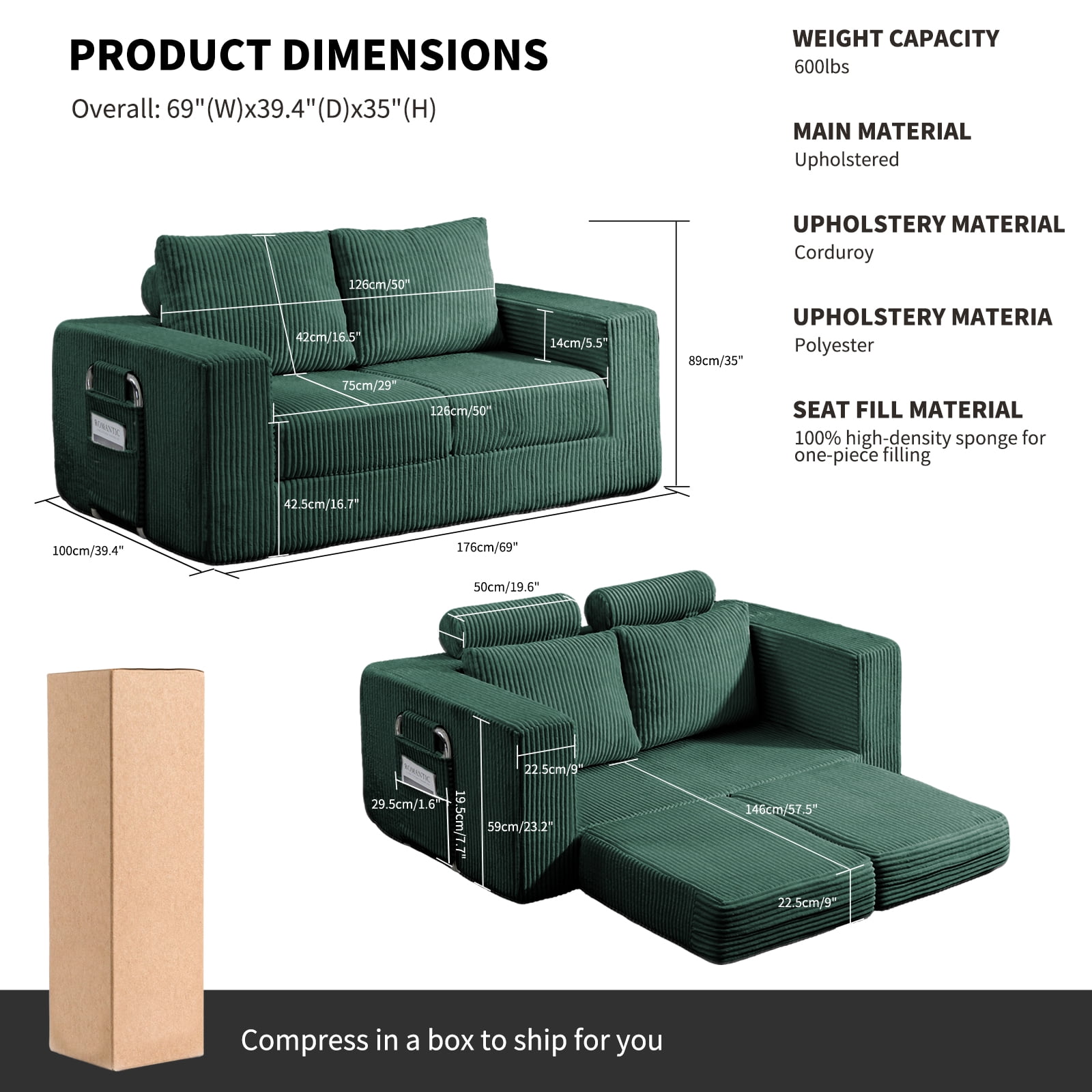 69 Inches Convertible Sofa Bed Boneless 2 Seats Loveseat Sleeper Sofa 2 Seater Small Couch 3-in-1 Folding Sofa Floor Sofa with Deep Seat No Assemble Required
