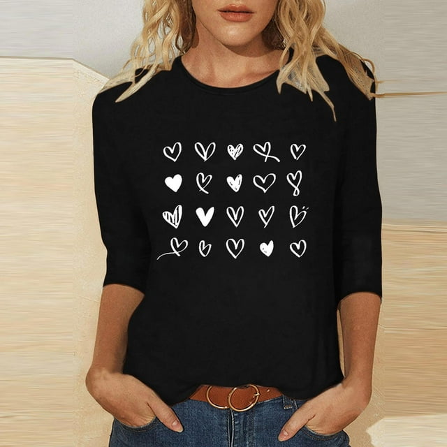 Ailaofu T-Shirts de la Saint-Valentin à Manches 3/4 Col Rond pour Femmes avec Imprimé Cœur Graphique