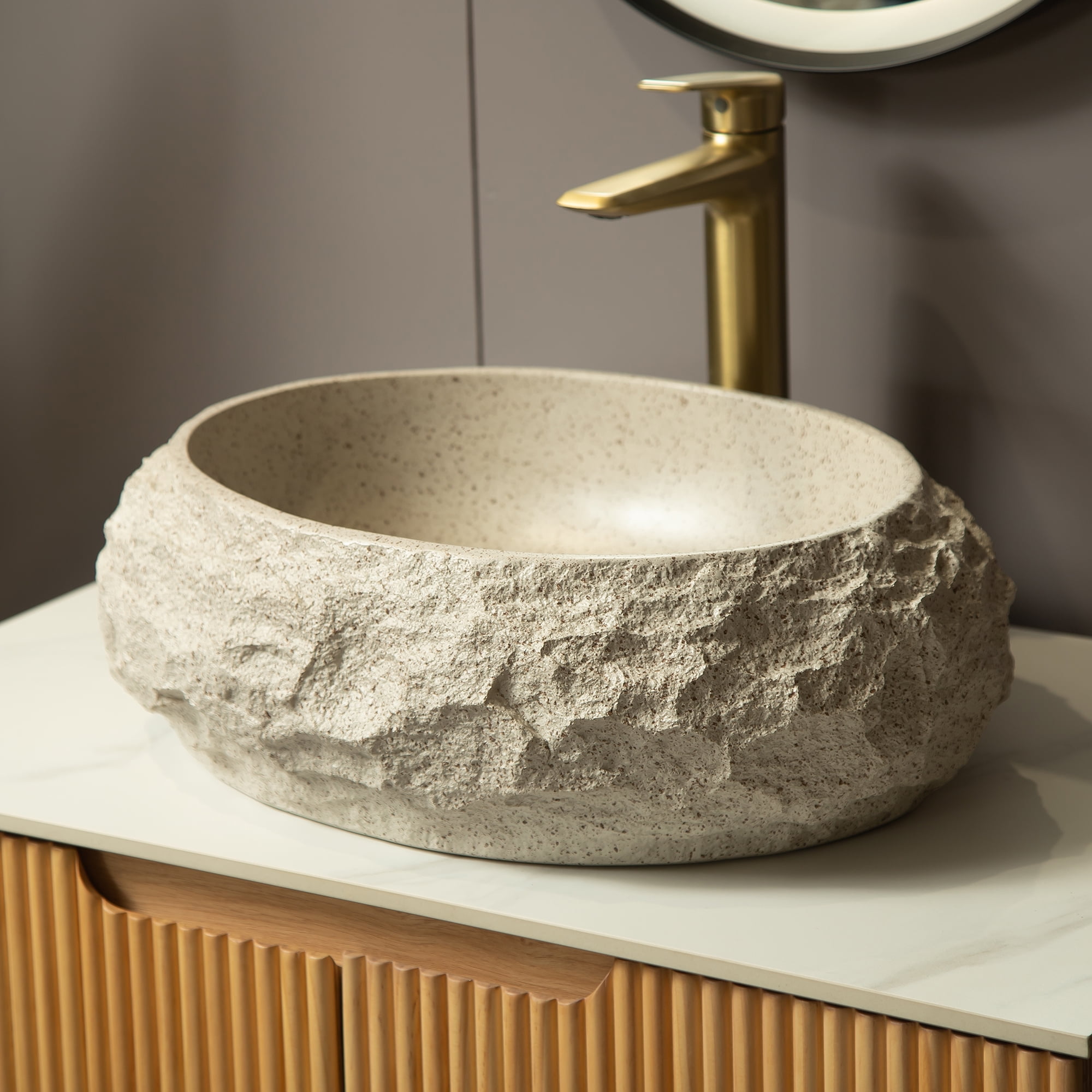 Wohh 18" Irregular Oval Resin Bathroom Sink with Stone Texture Beige Vessel Sink 17.72x5.9 Inch Modern Above Counter Vanity Basin for Home Office Restaurant Indoor Outdoor Use