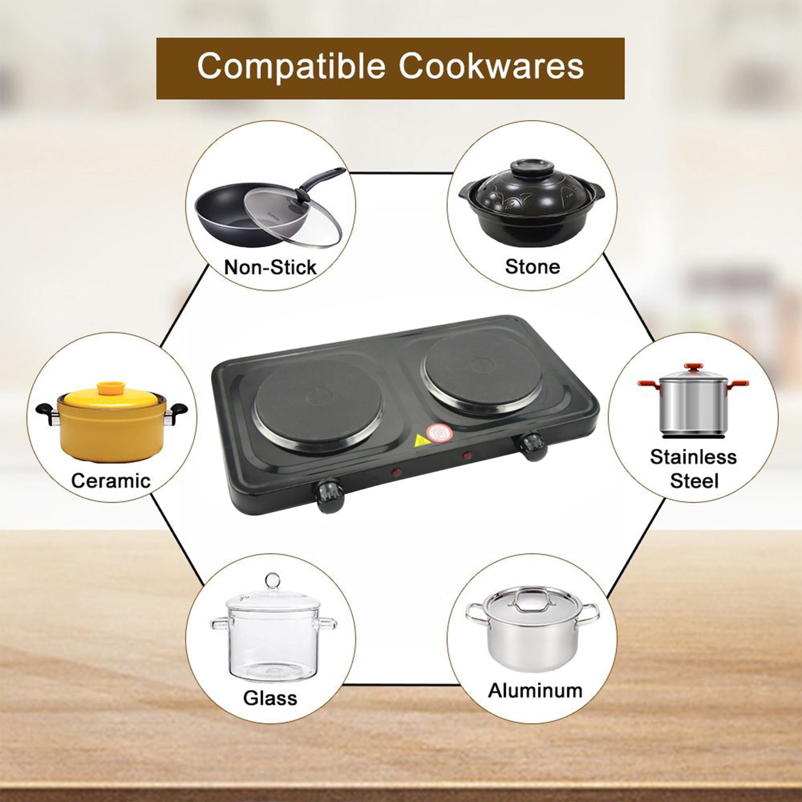 Wallfire Portable Electric Double Burner, 2000W Hot Plate Kitchen Cooktop Cooking Stove Frying Pan and Easy to Clean for Home,Camp or Dorm, Adjustable Temperature, Black