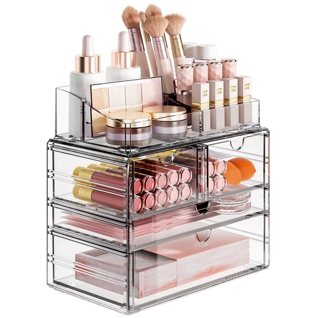 Organizador de maquillaje Delamu de 4 niveles transparente con cajón acrílico