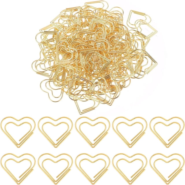 HUGFEGWE 100 Pcs Metal Paper Clips, Mini Love Heart Shaped Paper Clips Bookmarks, Small Paperclips Clamps with Clear Box, Heart Paperclips for Photos Document Notes Organizing (Gold) AZ824-7364