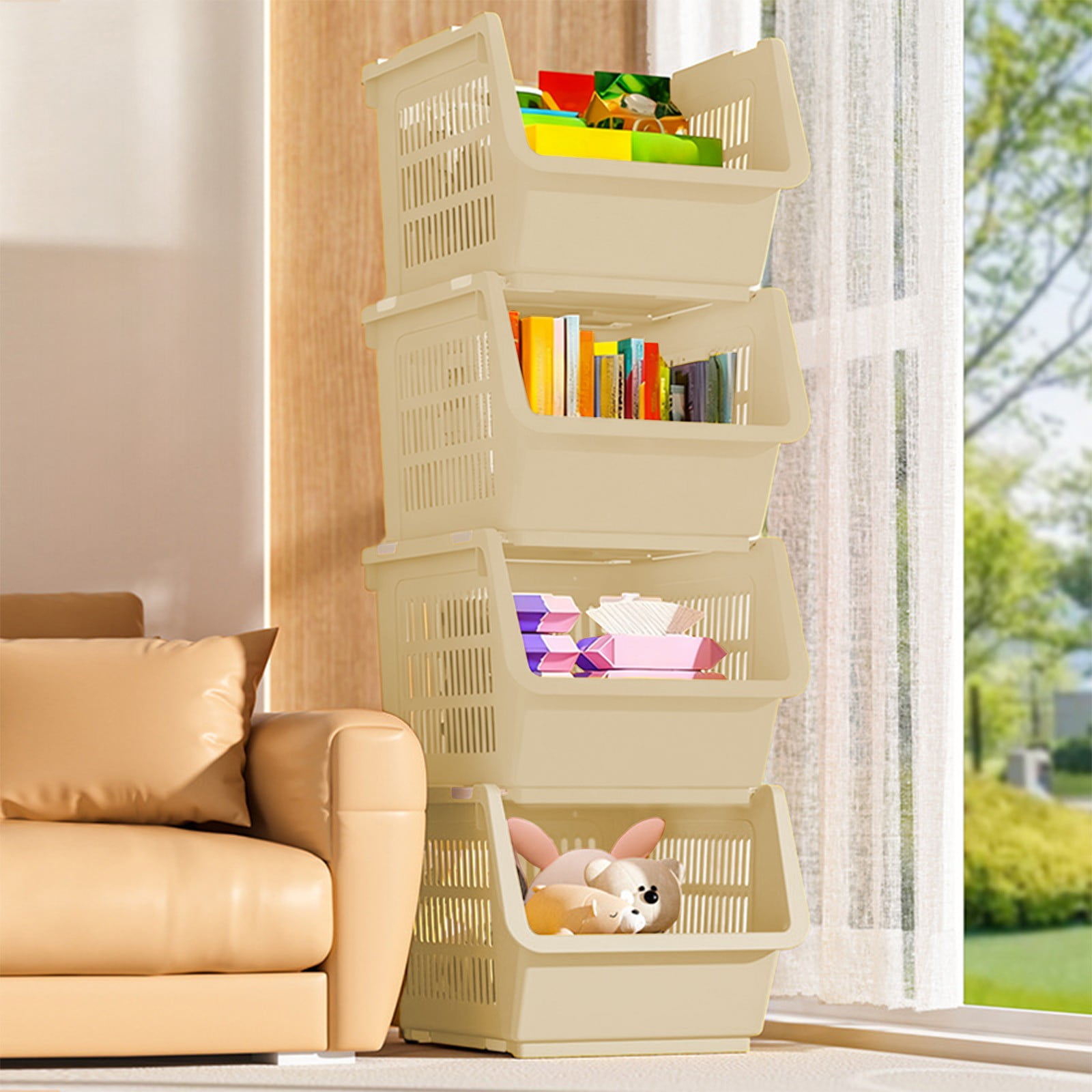 3 Pack Stackable Storage Baskets, Large Capacity Stackable Storage Bins Open Front, Space Saving Home Organization for Kitchen Bedroom Office