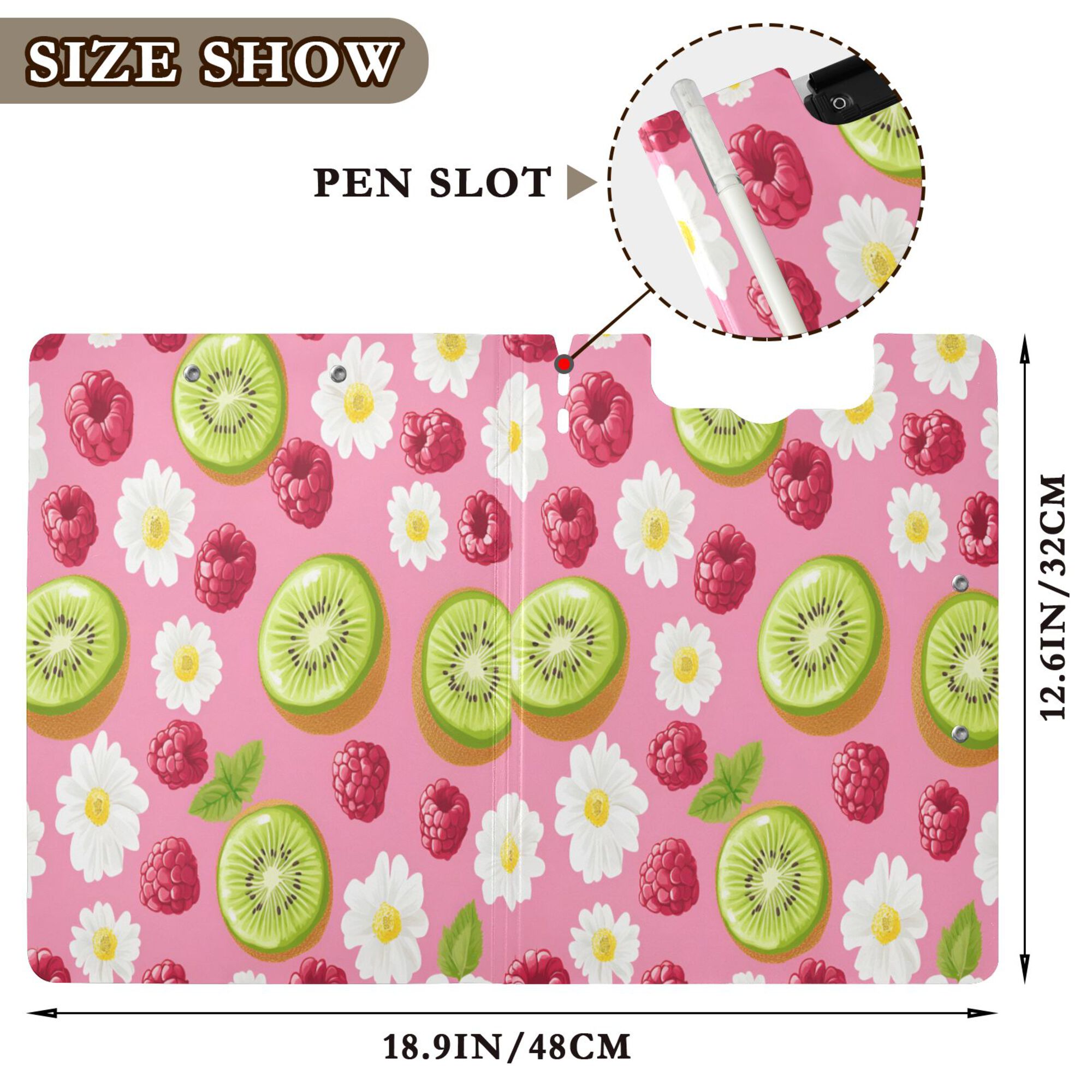 FORMRS A4 Clipboard Folder with Pen Holder Horizontal Foldable School Office Binder, Floral Raspberries