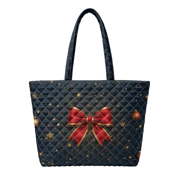 XYZCANDO Christmas Bow Dark Quilted Shoulder Tote Bag Large Capacity Lightweight Handbag for Women Holiday Shopping Travel Work Daily Use