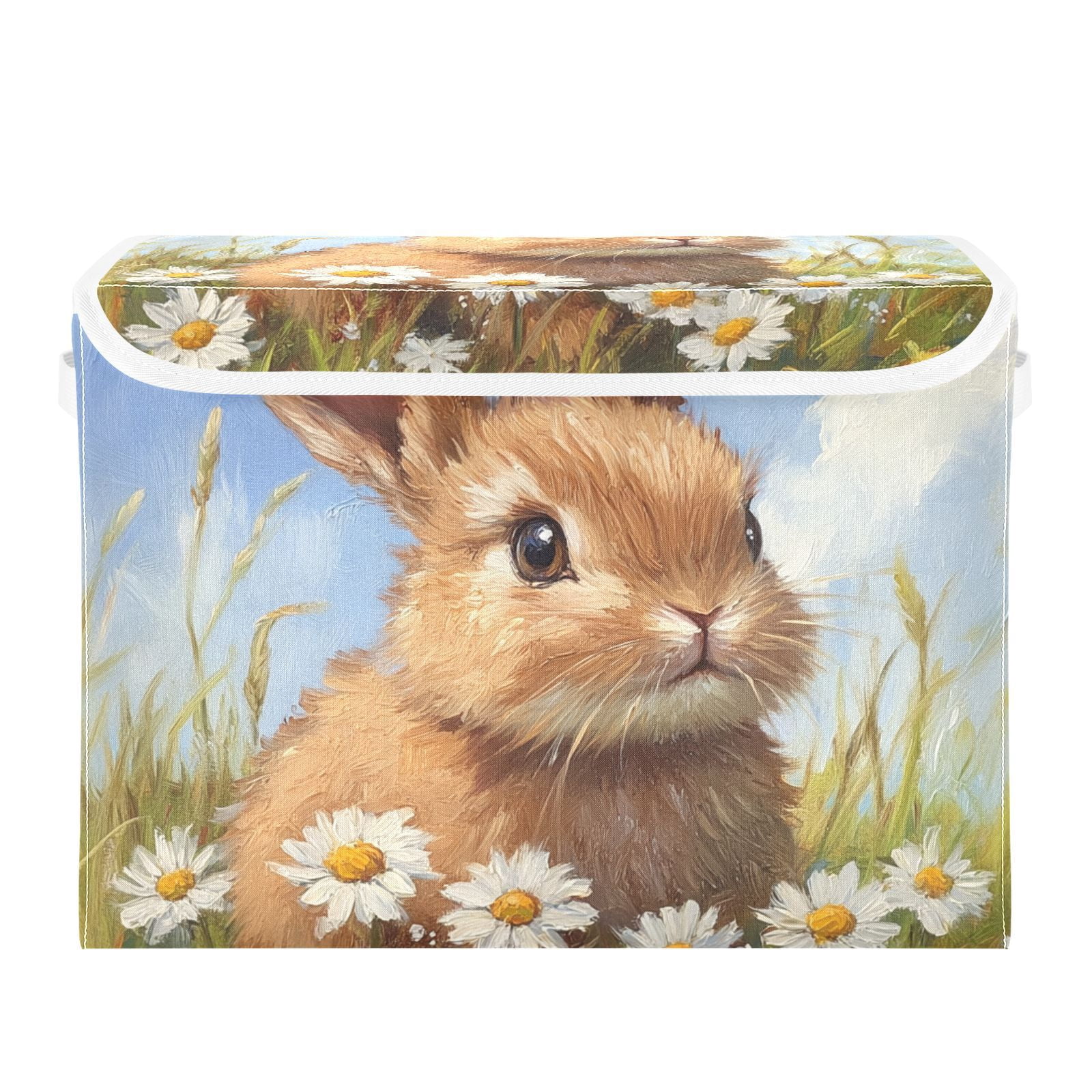 Easter Rabbit Flowers Daisy Storage Basket for Shelves Foldable Container Organizer for Organizing Toys Clothes Books with Handles