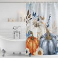 thumbnail image 3 of Fall Blue Pumpkins Shower Curtain, Waterproof Shower Curtains for Bathroom, Thanksgiving Eucalyptus Leaves Autumn Washable Fabric Bathtub Curtain Set Bath Decor with 12 Hooks 48"x72", 3 of 8
