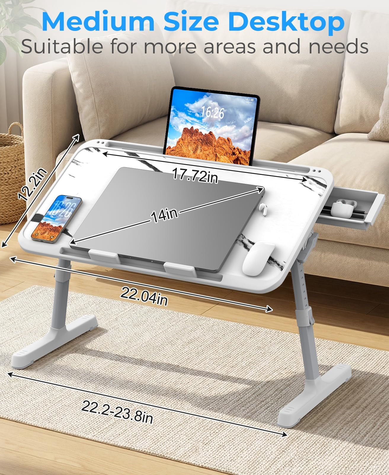 Laptop Bed Tray Table  Adjustable Sturdy Stand For With Materials Folding Portable Lap Desk Drawer Writing Working Reading Eating Couch Floor (marble 22.04"*12.2")