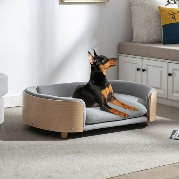 Pefilos 38" Elevated Dog Bed Pet Sofa with Solid Wood Legs and Bent Back, Cat Sofa Bed Velvet Cushion Couch Furniture, Gray