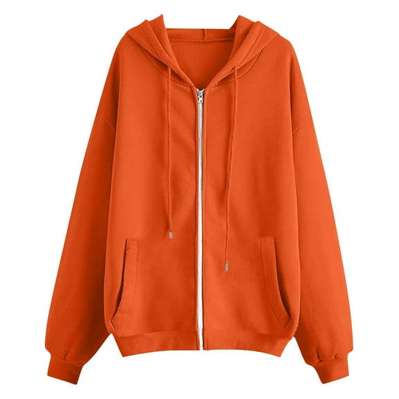 XUNKUSGA Zip Up Hoodie Solid Color Long Sleeve Hoodie for Women Casual Drawstring Drop Shoulder Regular Hooded Sweatshirt with Pocket Casual Womens Fall Fashion 2025 Orange