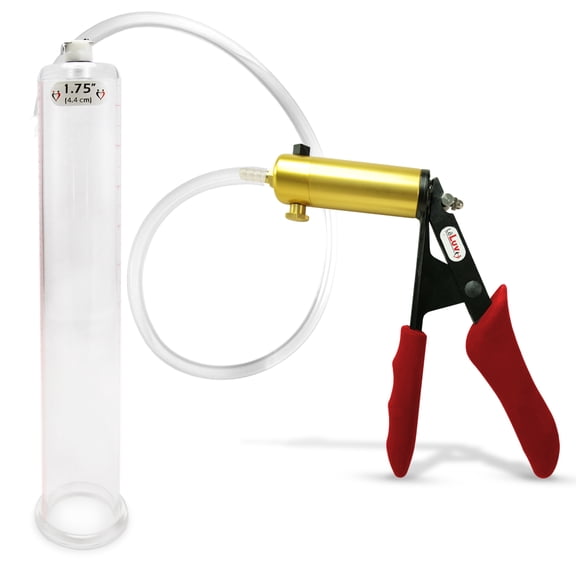 LeLuv Ultima Penis Pump, Brass w/ Red Handle, Silicone Grip, Clear Hose | 12" x 1.75" Cylinder