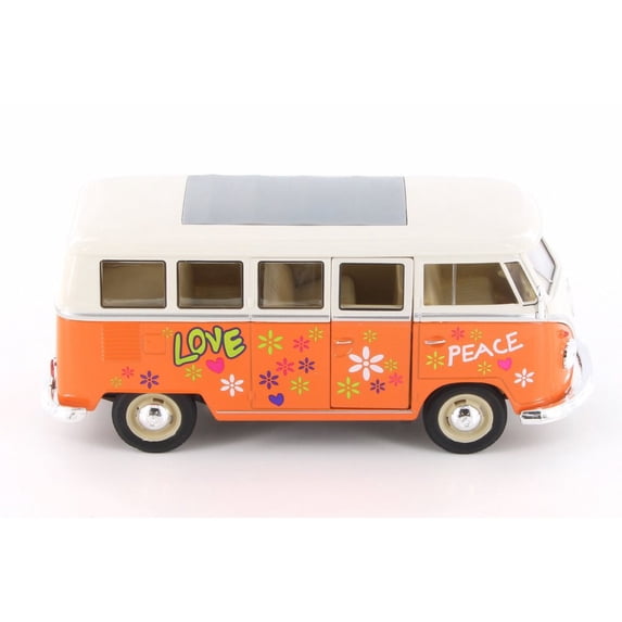 1963 Volkswagen Classical T1 Bus w/ Love/Peace Decals, Orange - Welly 22095A1/4D - 1/24 Scale Diecast Model Toy Car (Brand New but NO BOX)