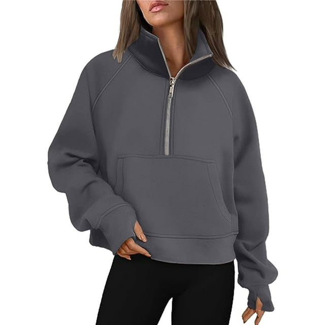 HNMKIU Ladies Sweatshirts Womens Sweatshirts Half Zip Cropped Pullover Quarter Zipper Hoodies Fall Outfits Clothes Thumb Hole