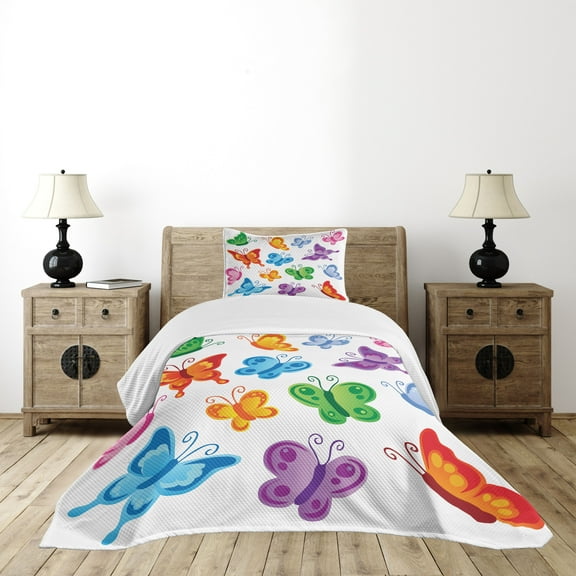 Ambesonne Butterfly Quilted Bedspread Set 2 Pcs, Colorful Ornate Wings, Twin Size, Multicolor