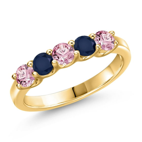 Gem Stone King 18K Yellow Gold Plated Silver Pink Lab Grown Diamond and Blue Sapphire Wedding-Bands Ring for Women | 0.98 Cttw | Round 3.5MM | Gemstone April Birthstone | Size 5