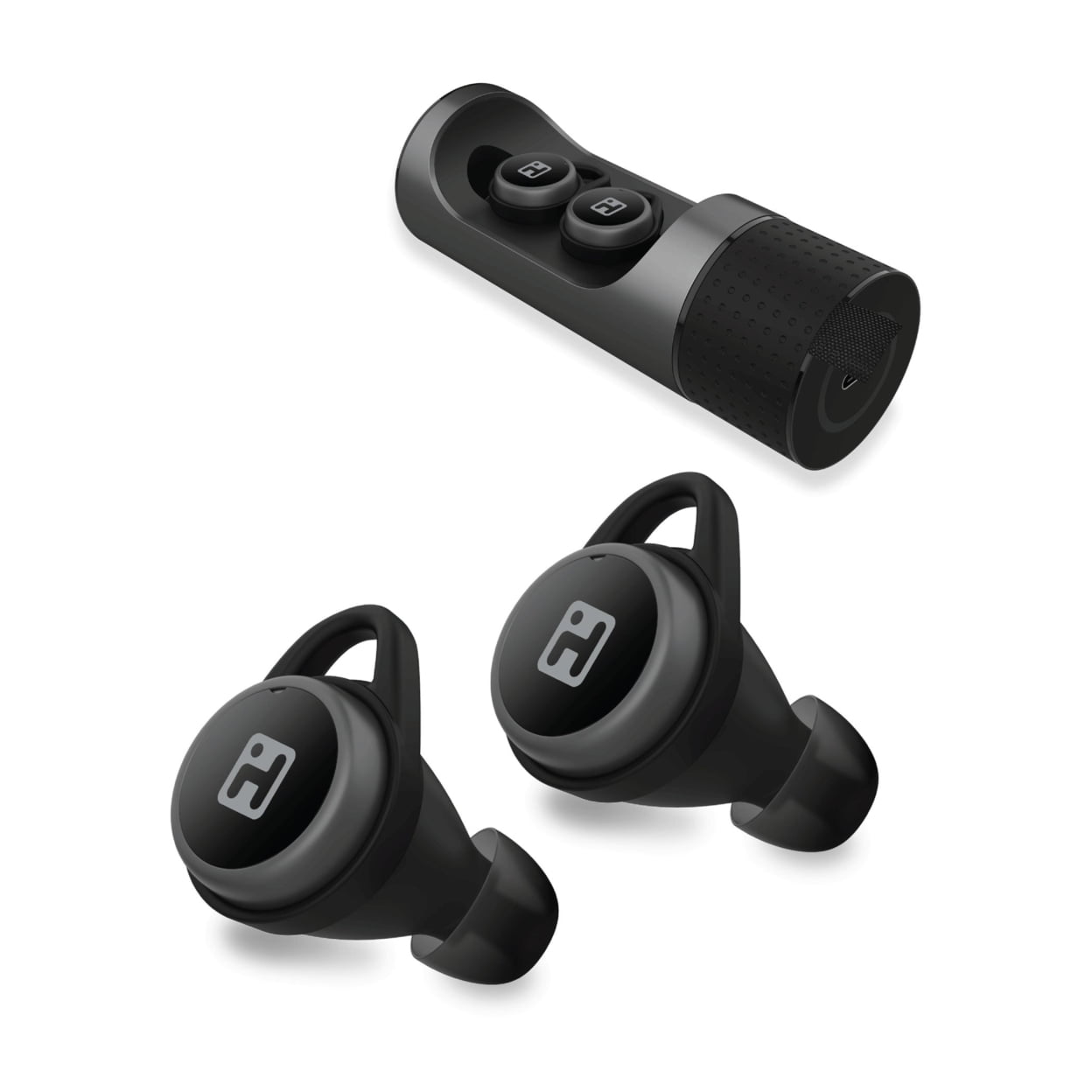 Écouteurs Bluetooth sans fil iHome AX-50 True avec étui de voyage de charge cylindrique à ouverture par rotation (BE-101)