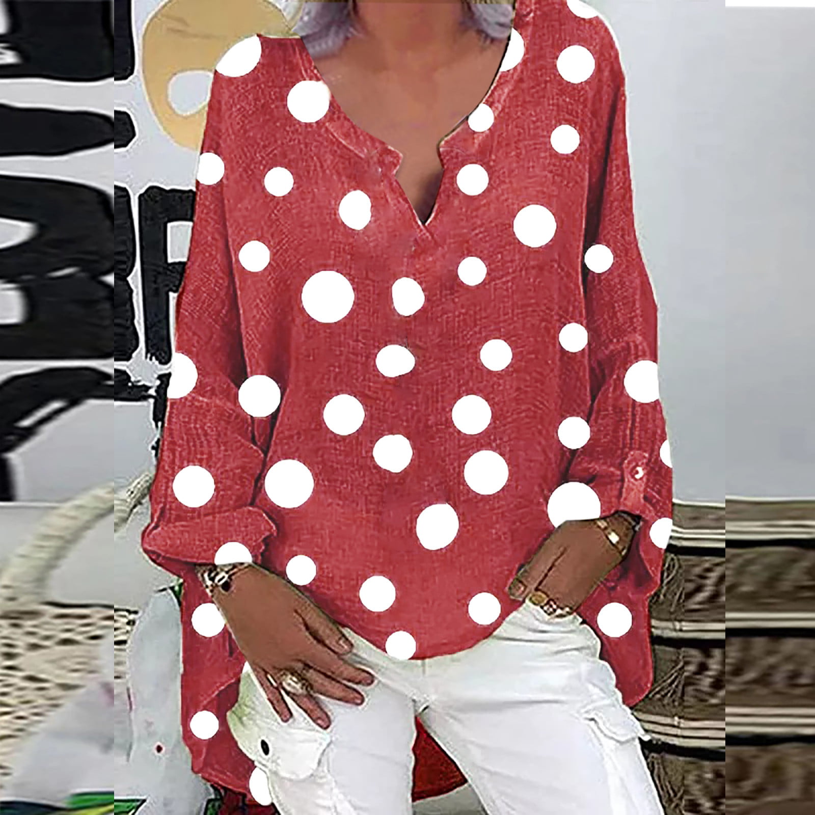 Red women's shirt with white polka dots, Shirts