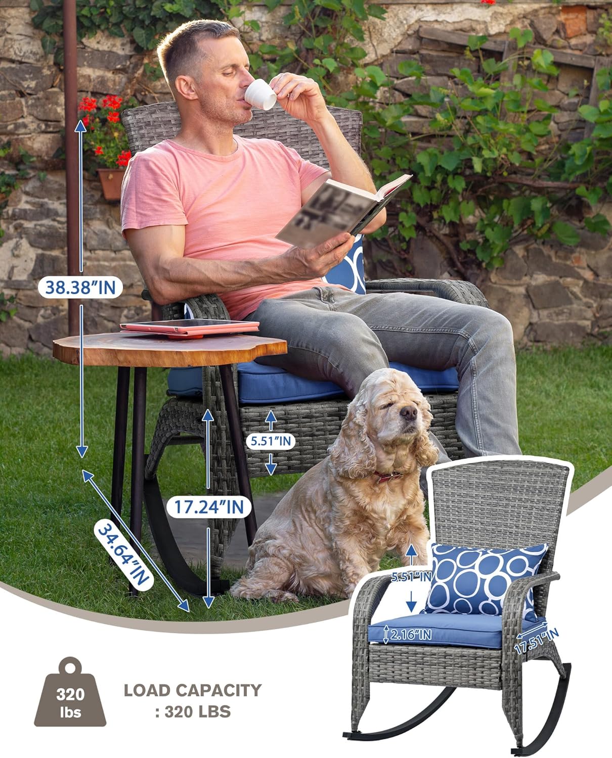 Outdoor Rocking Chair- Glider Rattan Rocker Chair with Heavy Duty Steel Frame- All Weather Outdoor Rocker Chair for Garden, Porch, Backyard