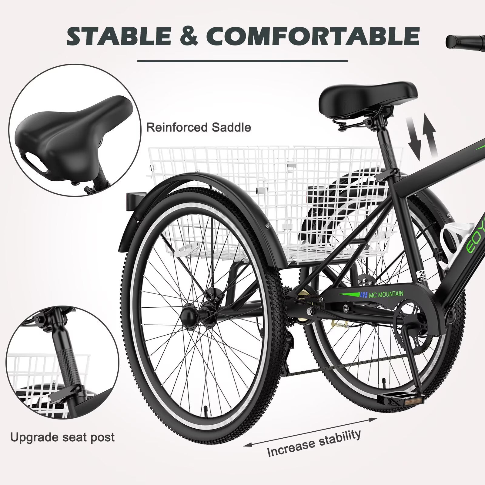 Lilypelle Mountain Tricycle for Adults, MTB 7 Speed Three Wheel Bike, 24/26/27.5 Inch Adults Trikes w/ Disc Brake & Cargo Basket for Women, Men, Seniors