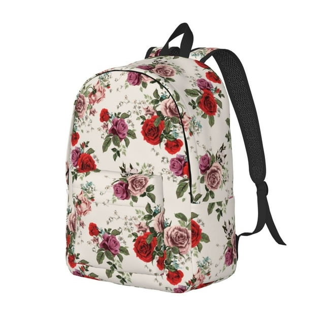Fotbe Rose Flowers Printed Canvas Daypack - Stylish and Durable Vintage Compact Backpack - Class, Work, Travel, or Laptop Bookbag,Organized Compartments-Small