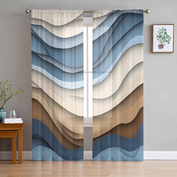 Blue Brown Ombre Sheer Curtains 96 Inch Length 2 Panels Set for Living Room/Bedroom, Modern Abstract Aesthetics Geometric Semi Curtain Sheers Drapes Rod Pocket Curtains Window Treatment 52''x96''x2
