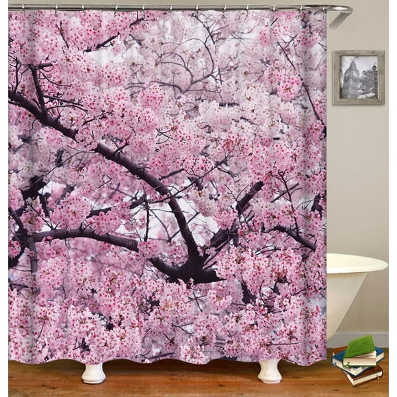 Cherry Blossom Pink Sakura Shower Curtain - 72"x72" Natural Landscape Decoration Bath Curtain Set Polyester Fabric Adds a Touch of Nature to Your Bathroom Includes 12 Hooks