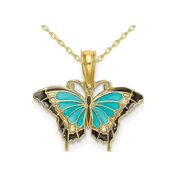 Aqua Butterfly Charm Pendant Necklace in 10K Yellow Gold with Chain