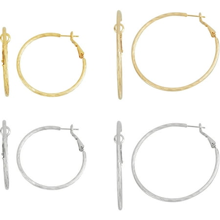X & O Gold-Tone and Silver-Tone Knife-Cut Hoop Earring Set, Sizes 40mm/50mm, 4 Pairs