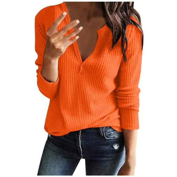 IROINNID Discount Womens Long Sleeve V-Neck Shirts Solid Color Comfortable Loose T-shirt Blouse Lounge Tops,Orange