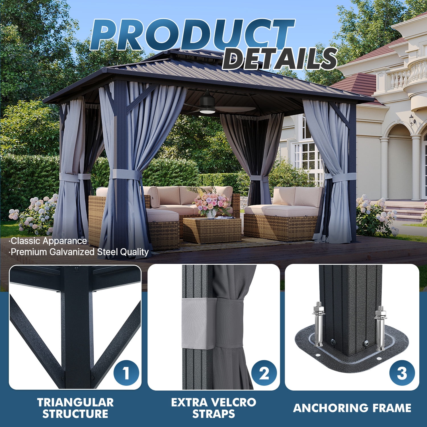 Sumnthink 10'x12' Hardtop Gazebo, Steel Double Galvanized Top Canopy, Aluminum Frame Permanent Pavilion Metal Gazebo with Netting and Curtains, for Patio, Garden, Lawn