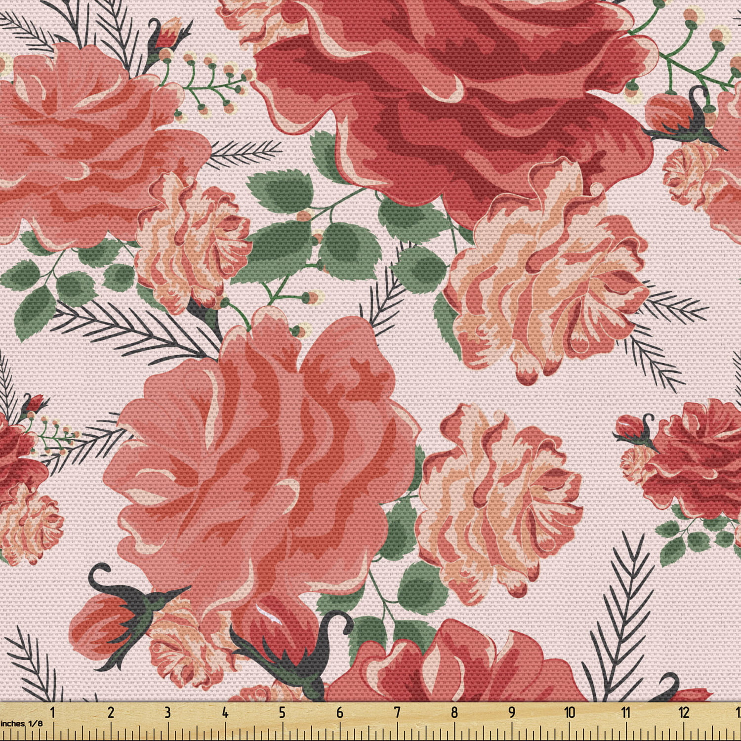 FABRIC TRADITIONS ASSORTED PRINTS RED AND YELLOW ROSES ON RED COTTON FABRIC BTY 