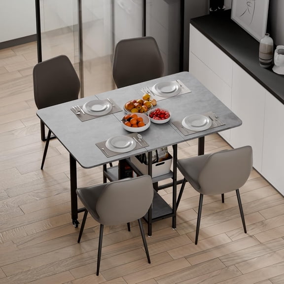 Folding Dining Table with Wheels and Storage Shelf, Space-Saving Drop Leaf Kitchen Table for Small Spaces
