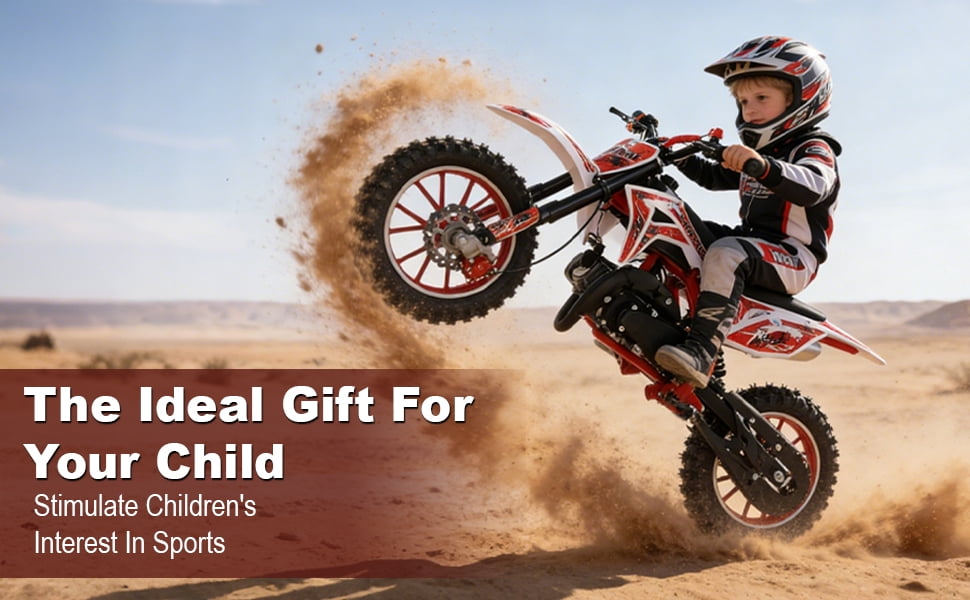 Korogimeeet Kids Gas Dirt Bike Red 49cc 2-Stroke, 10 Inch Knobby Tires with Inverted Suspension, Hand-Pull Start, 40KM/H Top Speed, 30 Min Range, 150kg Capacity, 47 x 30 Inch