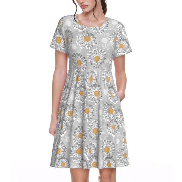 Easygdp Daisies Flowers para Vestido Transpirable de Mujer, Vestido Suelto de Manga Corta con Pliegues y Bolsillos para el Verano