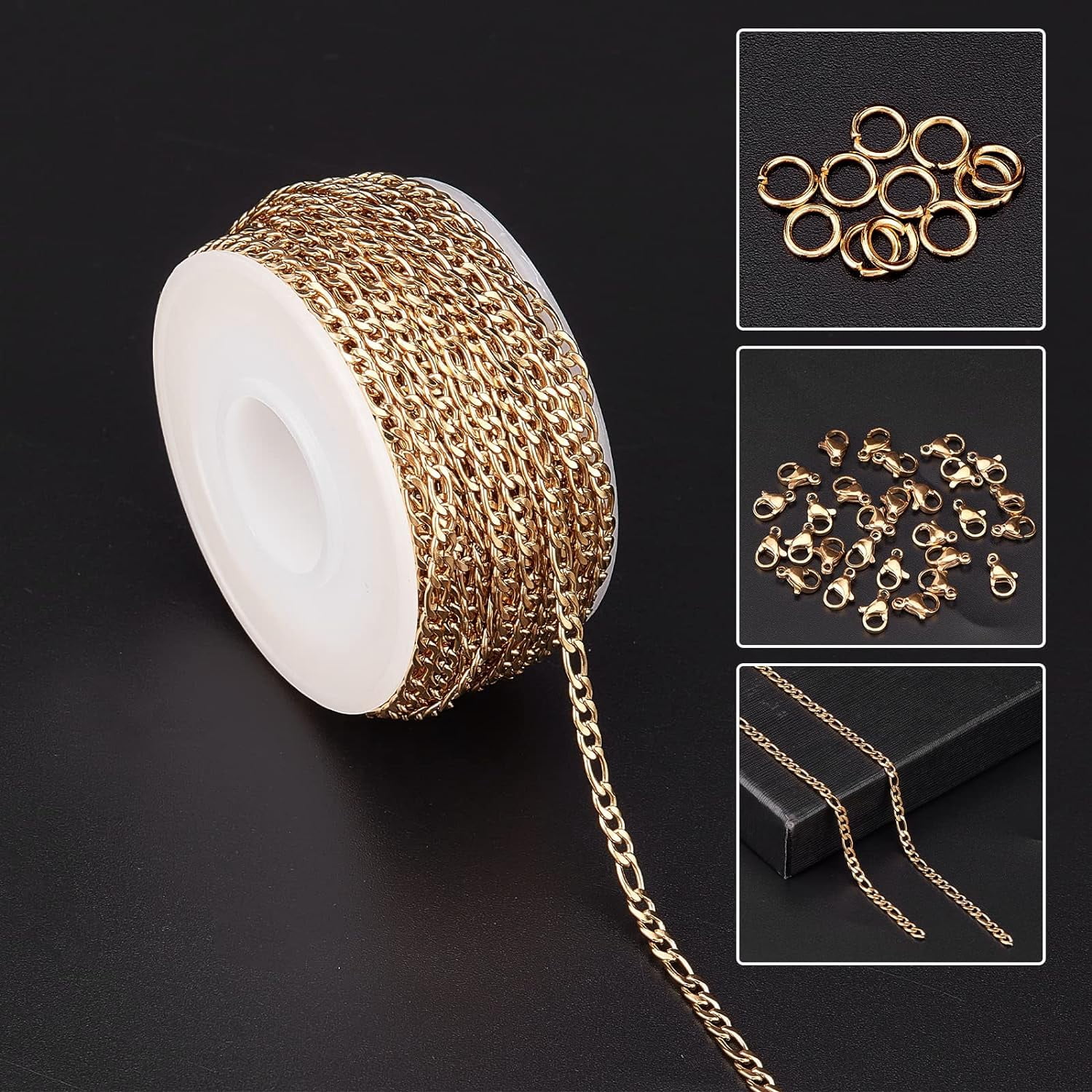 DIY 10M 32.8 Feet 3MM Gold Chain Roll Figaro Chains Stainless Steel Cable Chain Necklace Chains with Jump Rings Lobster Clasps for Women Adults Jewelry Making Kits Necklaces Bracelets Craft 1bag