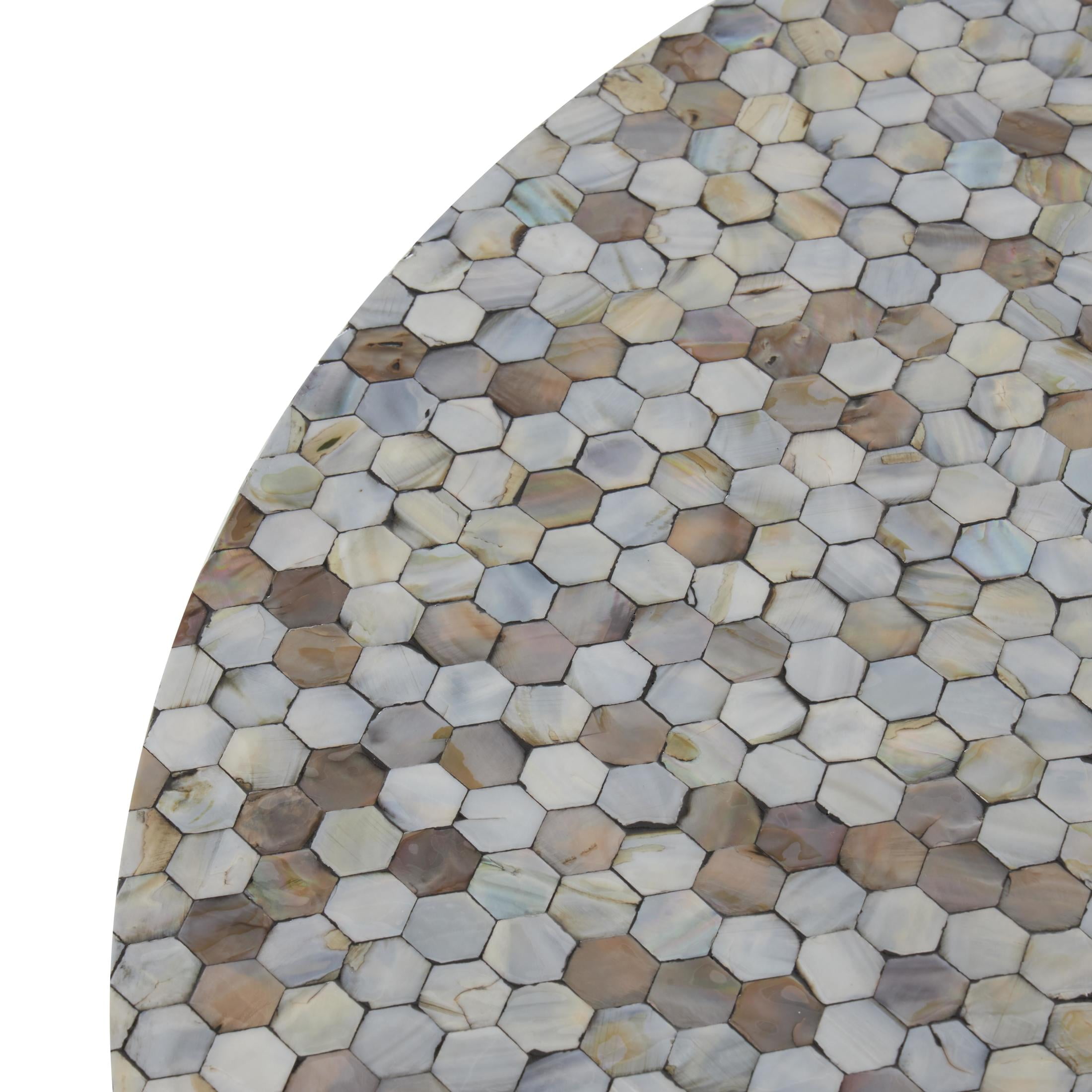 DecMode 38" x 13" Gray Mother of Pearl Shell Handmade Mosaic Inlay Geometric Coffee Table with Black Metal Legs, 1-Piece