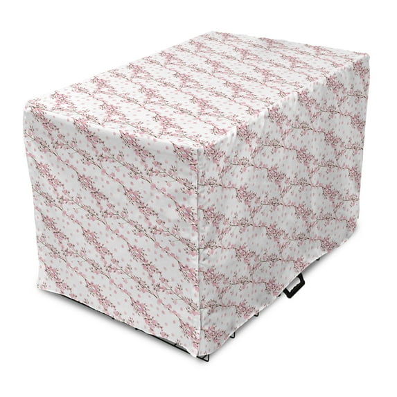 Spring Dog Crate Cover, Japanese Cherry Blossom Sakura Tree Flourishing Branches Revival Season, Easy to Use Pet Kennel Cover Small Dogs Puppies Kittens, 7 Sizes, Pale Pink and White, by Ambesonne
