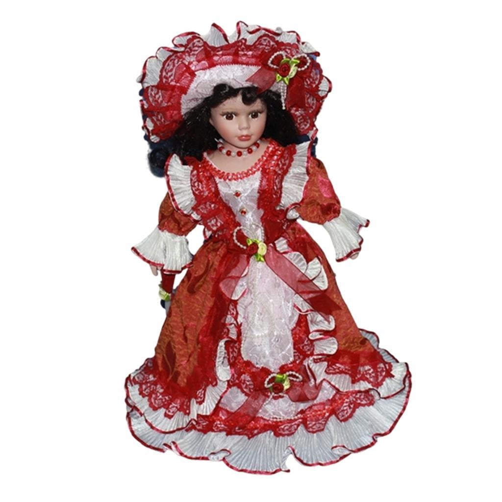 LeeQinersw 40cm Beautiful Curly Hair Collectible Ceramic Doll Dollhouse Lady with Dress for Red