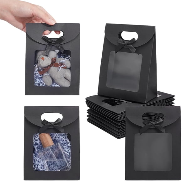 24 bolsas de papel kraft negras con ventana transparente, bolsas de regalo con asas, pequeñas bolsas de regalo con lazo.
