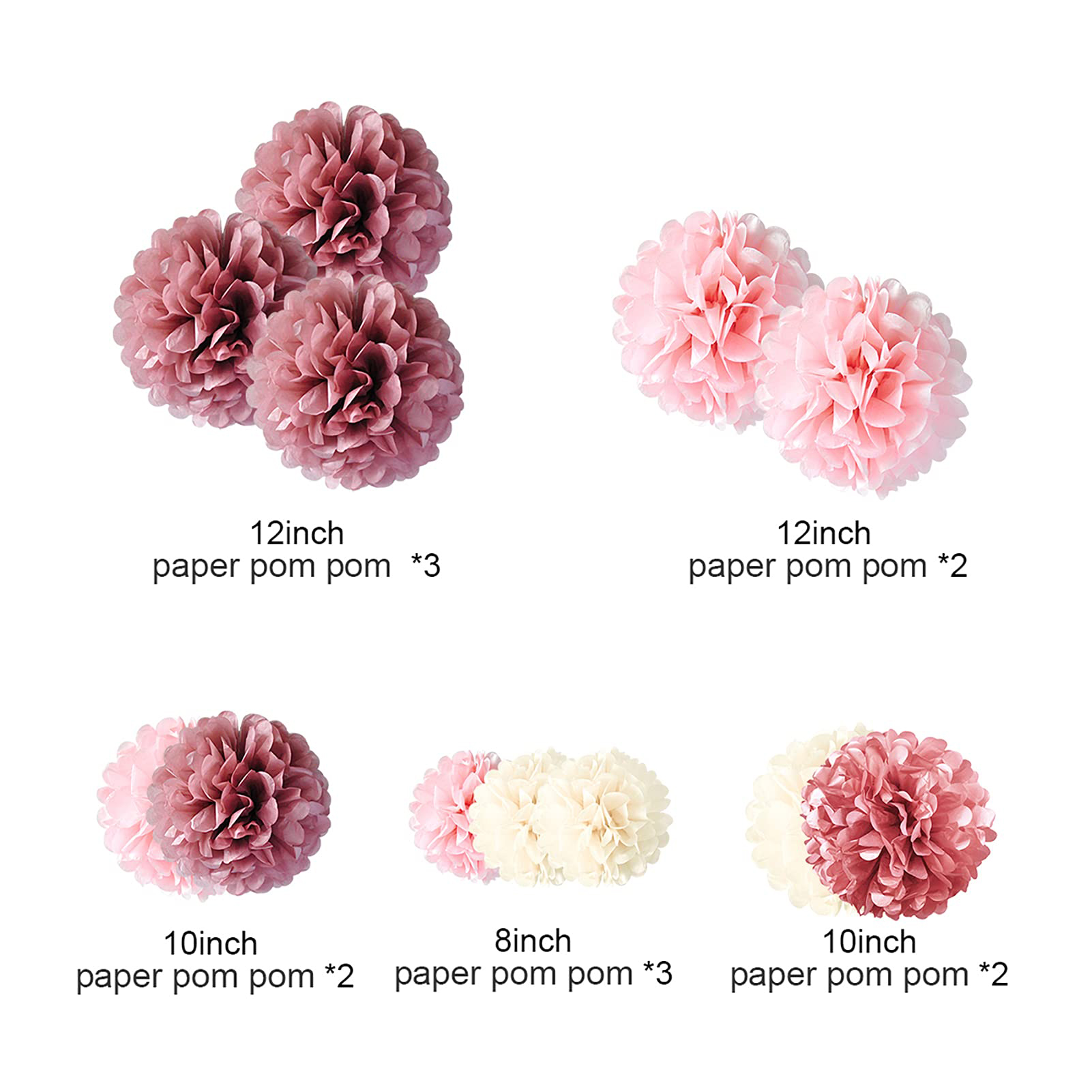 HEARTFEEL 12pcs Tissue Paper Pom Poms, Grey Burgundy Paper Flowers 8inch 10inch Tissue Paper Balls, Best Paper Pom Pom