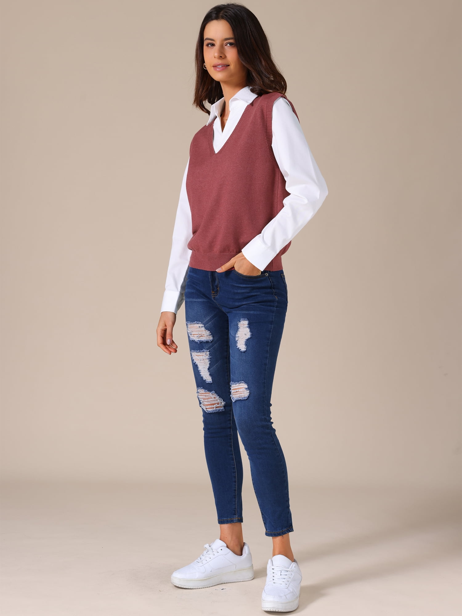 DARING DIVA Women's Uniform V Neck Knit Sleeveless Sweater Tank Tops S Dark Red
