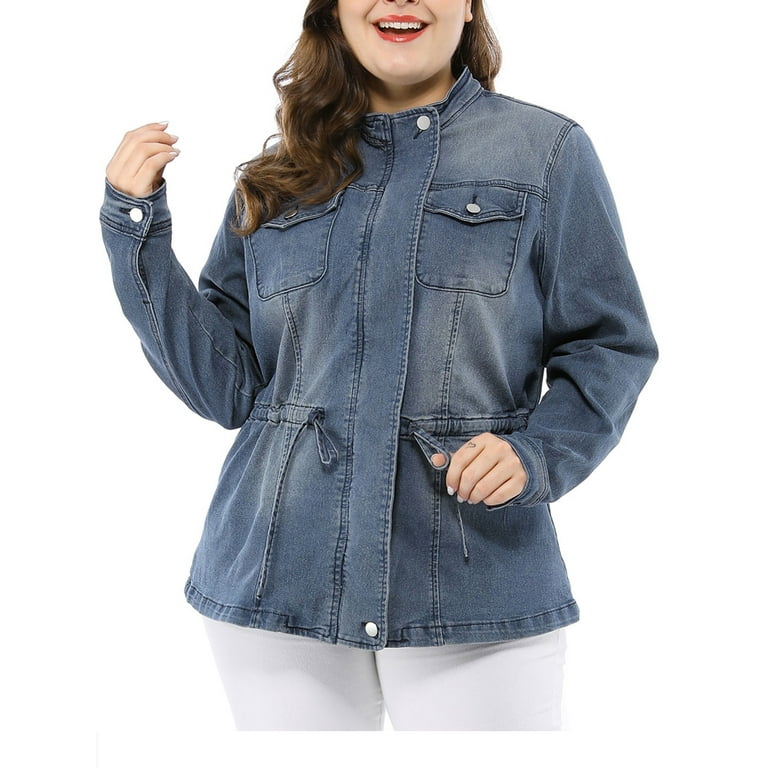 MODA NOVA Juniors Plus Size Stand Collar Zipper Denim Jacket Blue