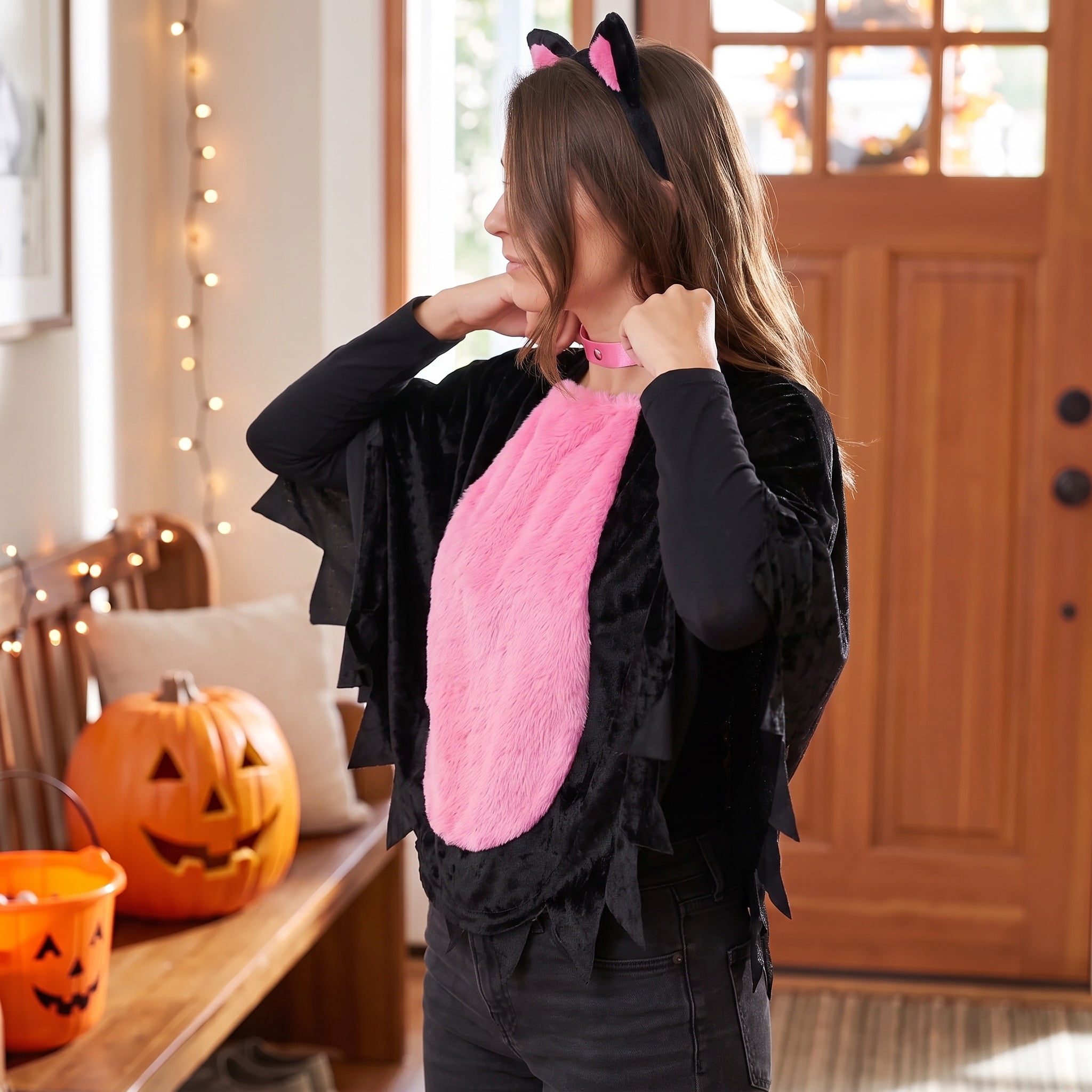 Kitty Cat Poncho Costume Accessory Set for Adults, Black and Pink, S-XL, 3 Pieces, Halloween by Way To Celebrate