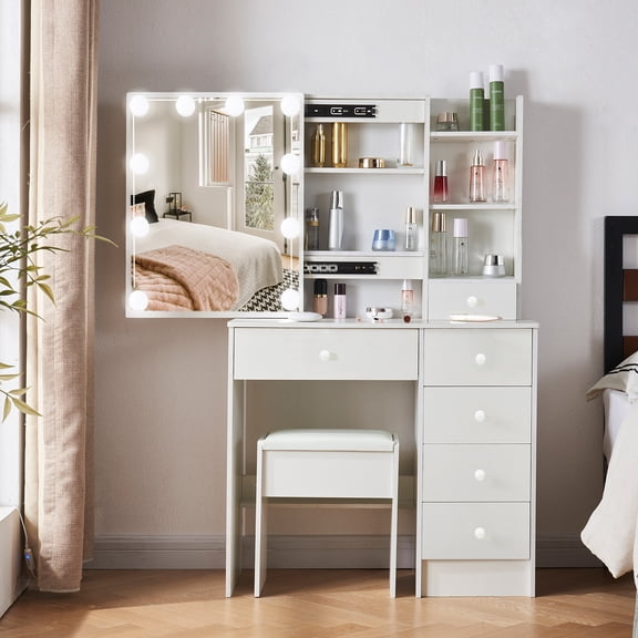 Teousev White Vanity Desk Set, Sliding Mirror and 10 Lights, 5 Drawers Makeup Vanity with Stool, Dressing Table for Bedroom